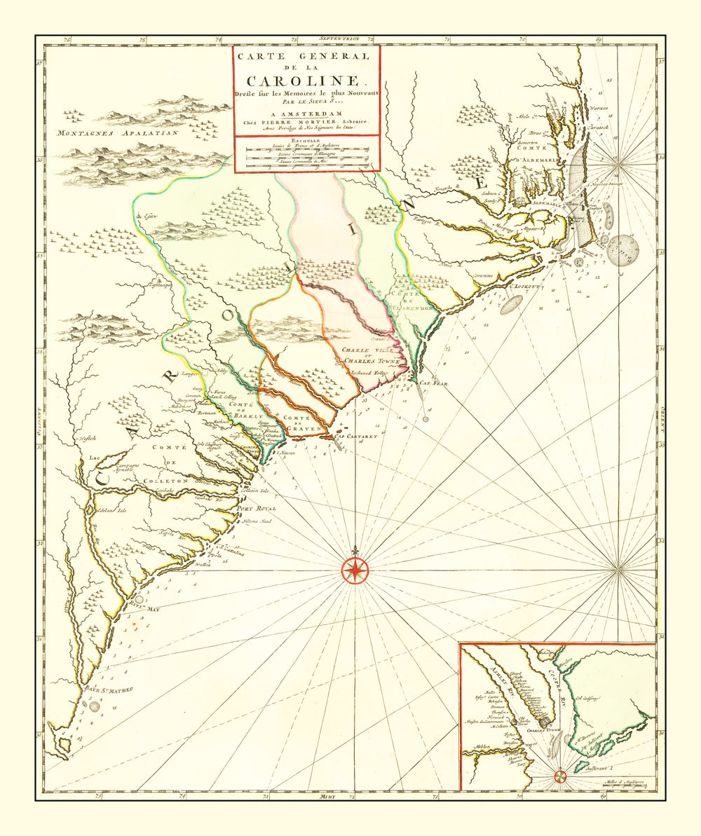 Vintage Map of South Carolina 1696 print style example