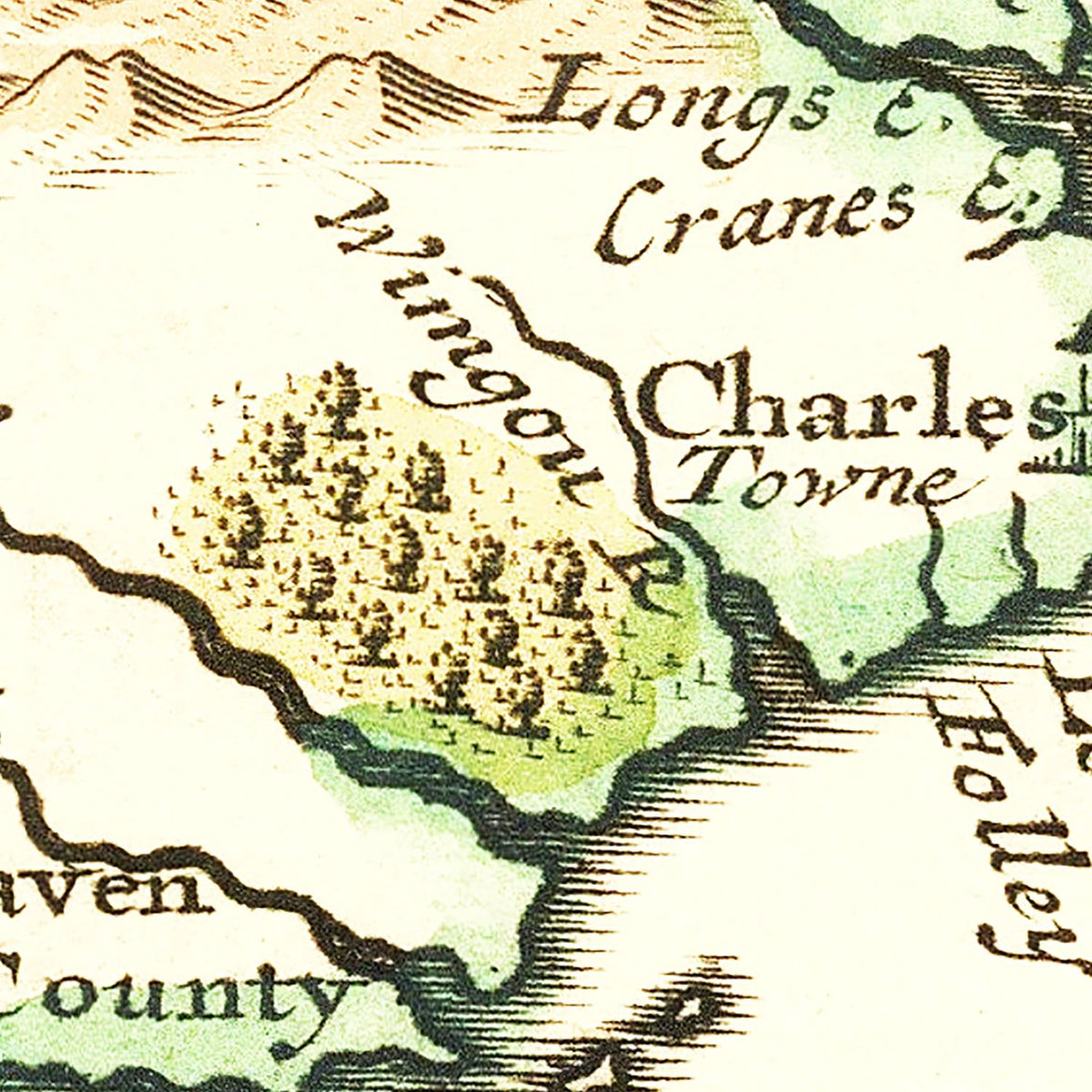 Restored historic details from the 1721 state map of County, South Carolina