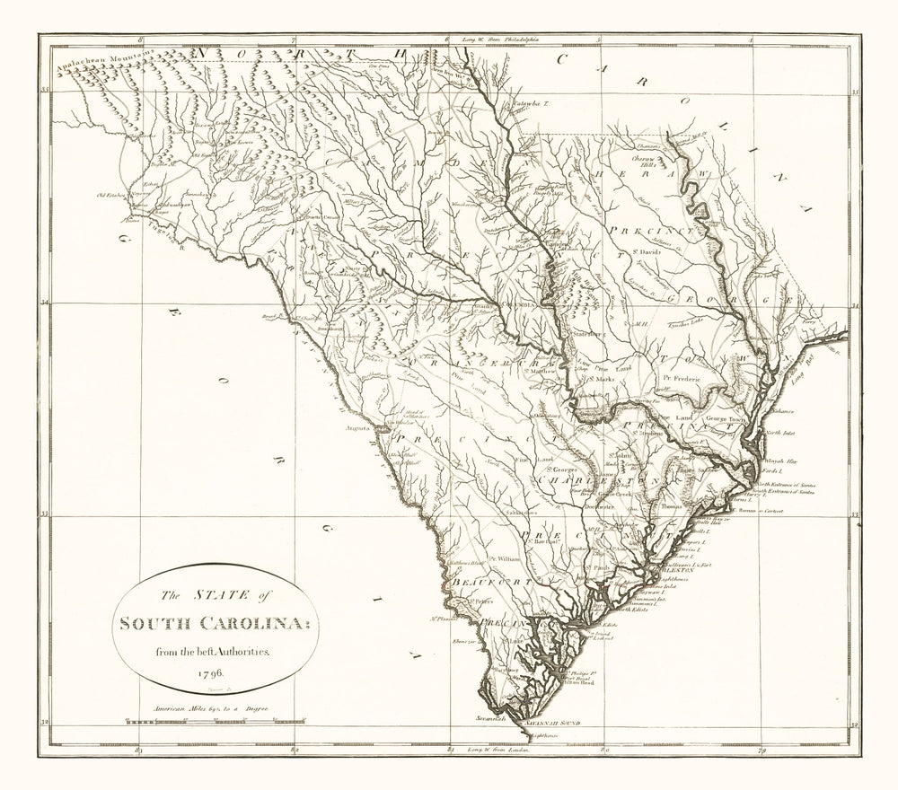 Vintage Map of South Carolina 1796 print style example