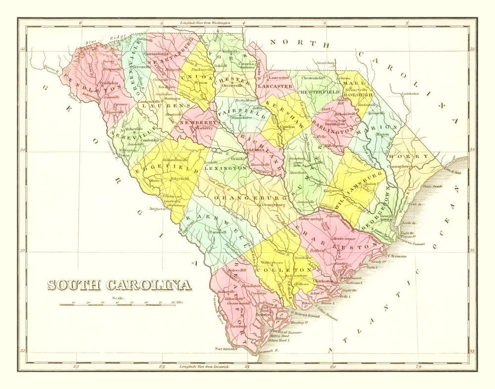 Vintage Map of South Carolina 1824 print style example