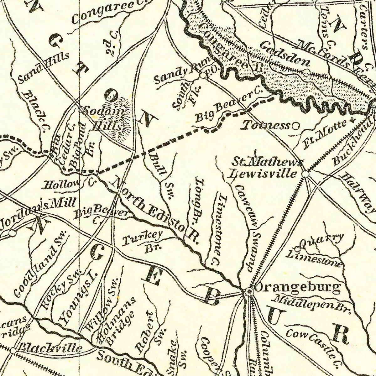 Restored historic details from the 1843 state map of County, South Carolina