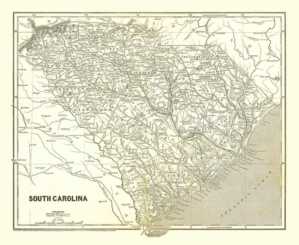 Vintage Map of South Carolina 1843 print style example