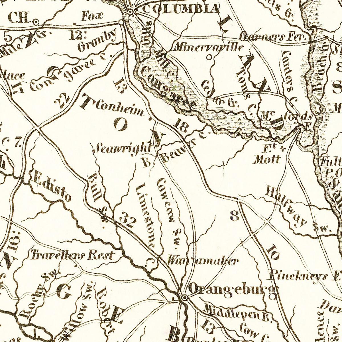 Restored historic details from the 1845 state map of County, South Carolina