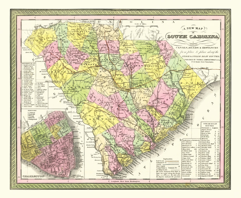 Vintage Map of South Carolina 1854 print style example