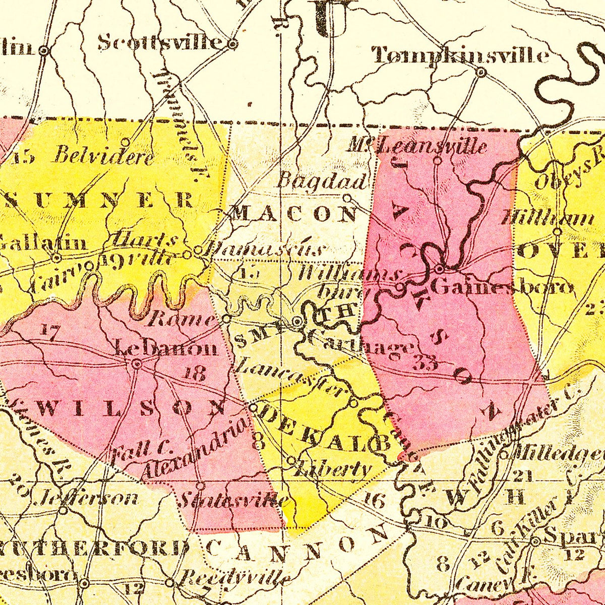 Restored historic details from the 1847 state map of County, Tennessee