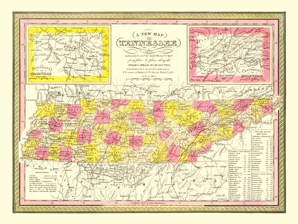 Vintage Map of Tennessee 1847 print style example