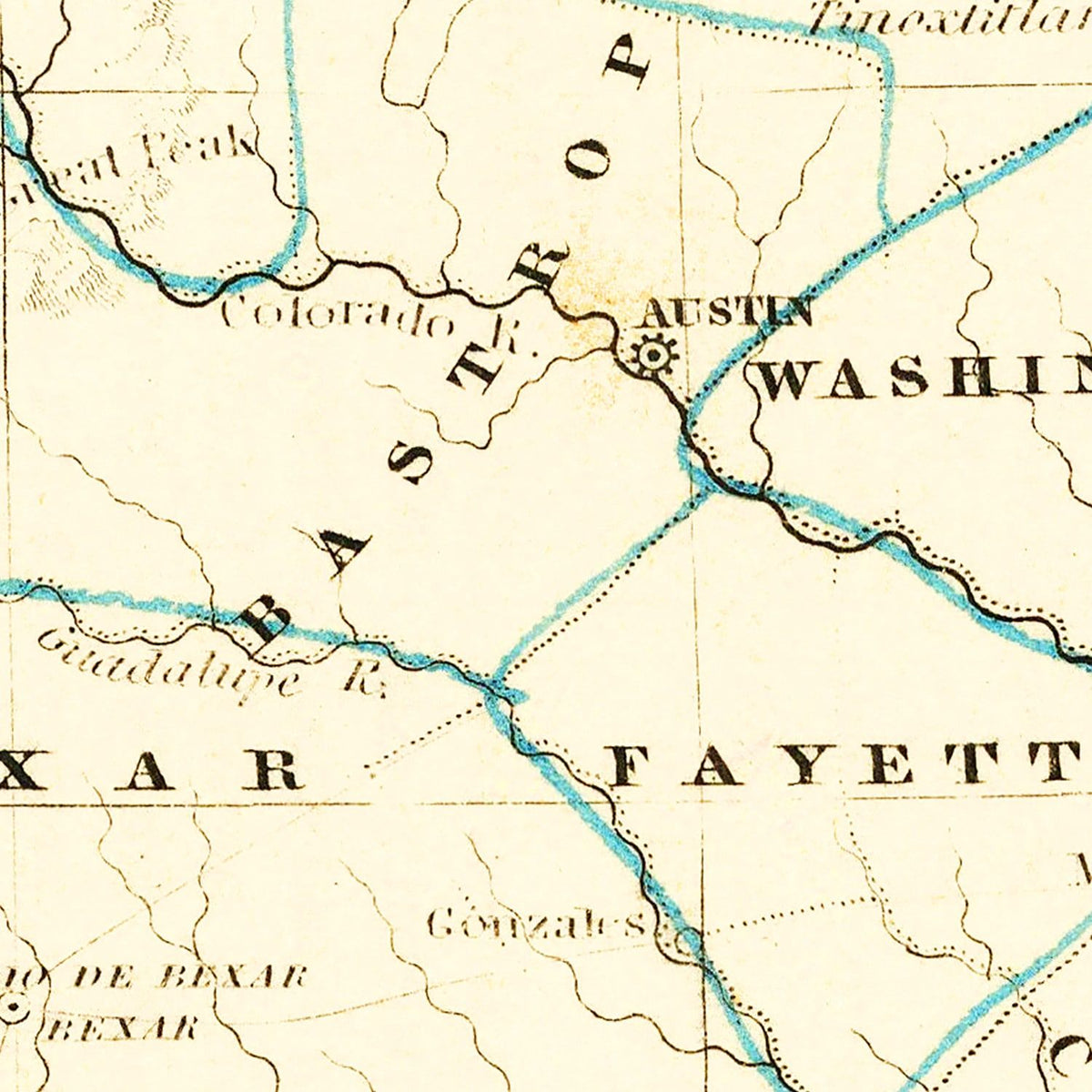 Restored historic details from the 1835 state map of County, Texas