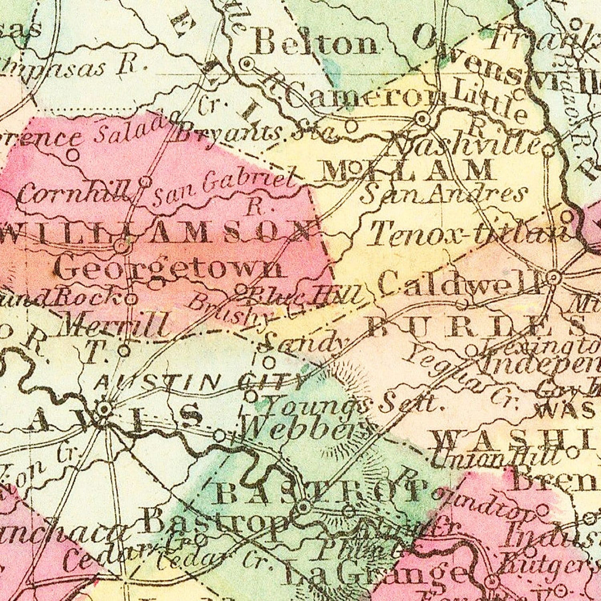 Restored historic details from the 1861 state map of County, Texas