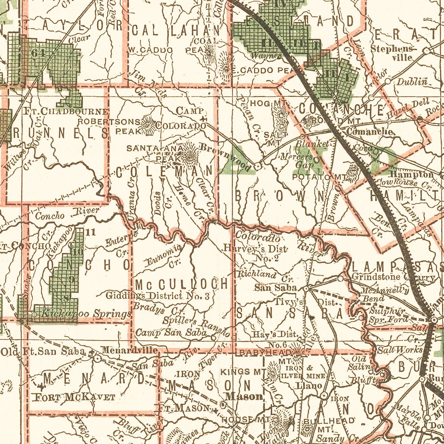 Restored historic details from the 1877 state map of County, Texas