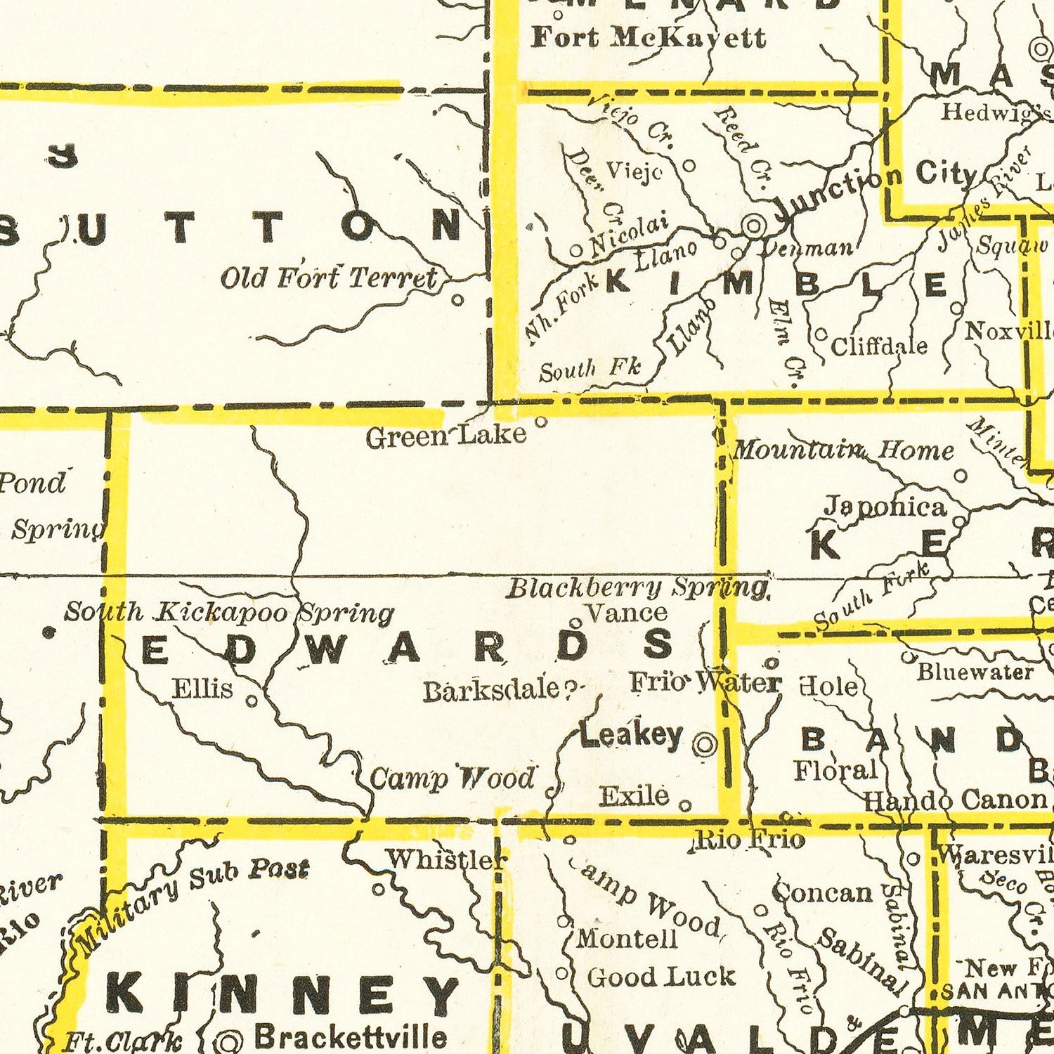Restored historic details from the 1888 state map of County, Texas