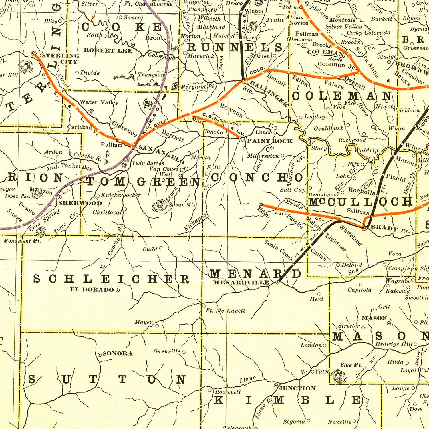 Restored historic details from the 1912 state map of County, Texas