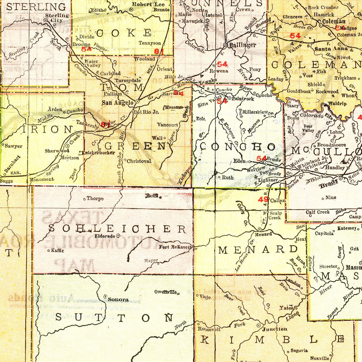 Restored historic details from the 1918 state map of County, Texas