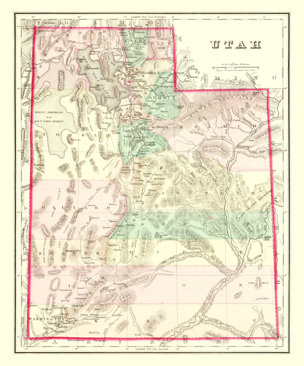 Vintage Map of Utah 1876 print style example