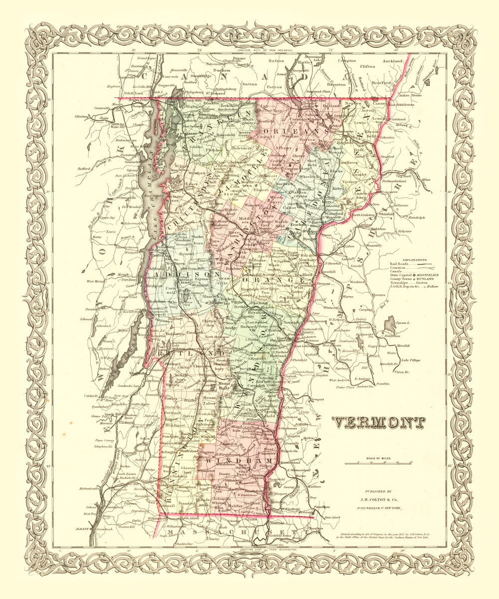 Vintage Map of Vermont 1855 print style example