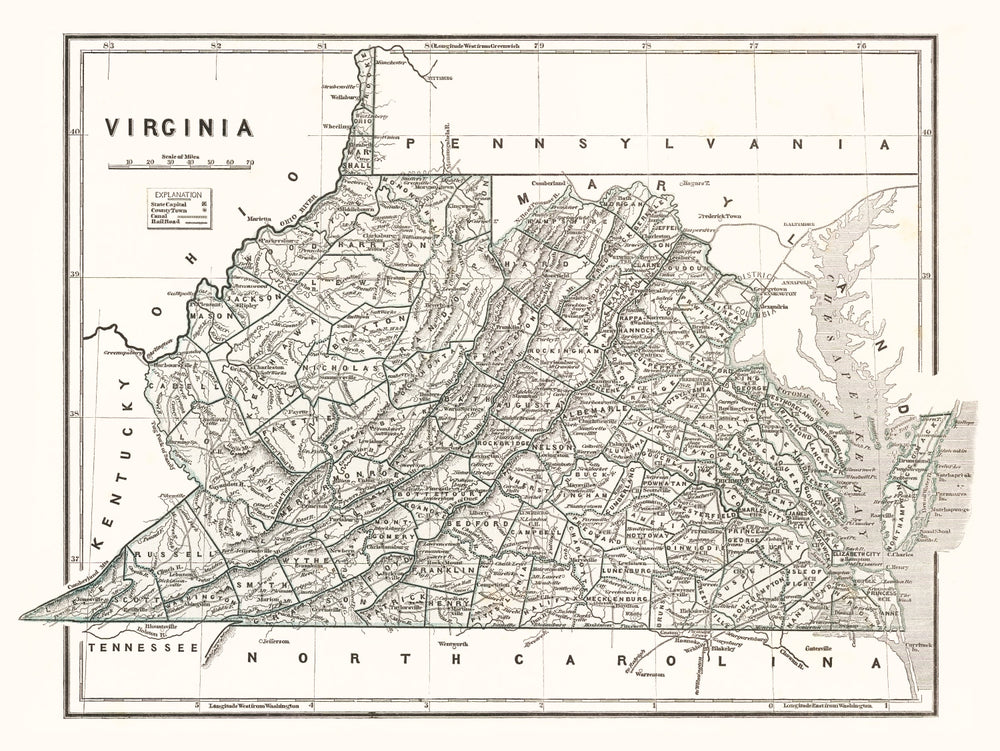 Vintage Map of Virginia 1842 print style example