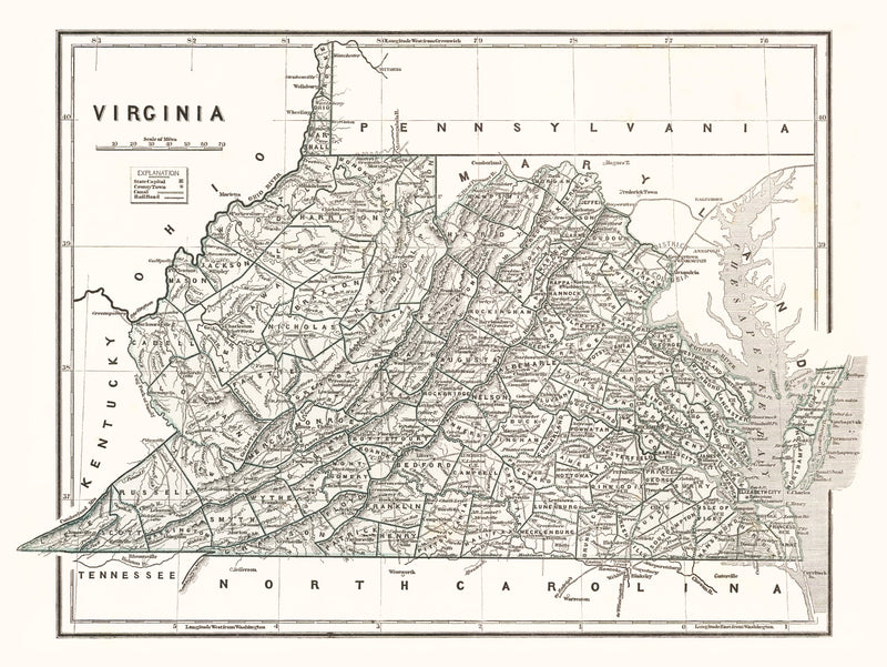 Size comparison using Vintage Map of Virginia 1842