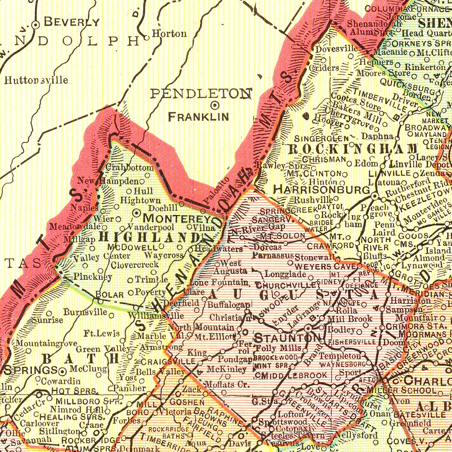 Restored historic details from the 1908 state map of County, Virginia