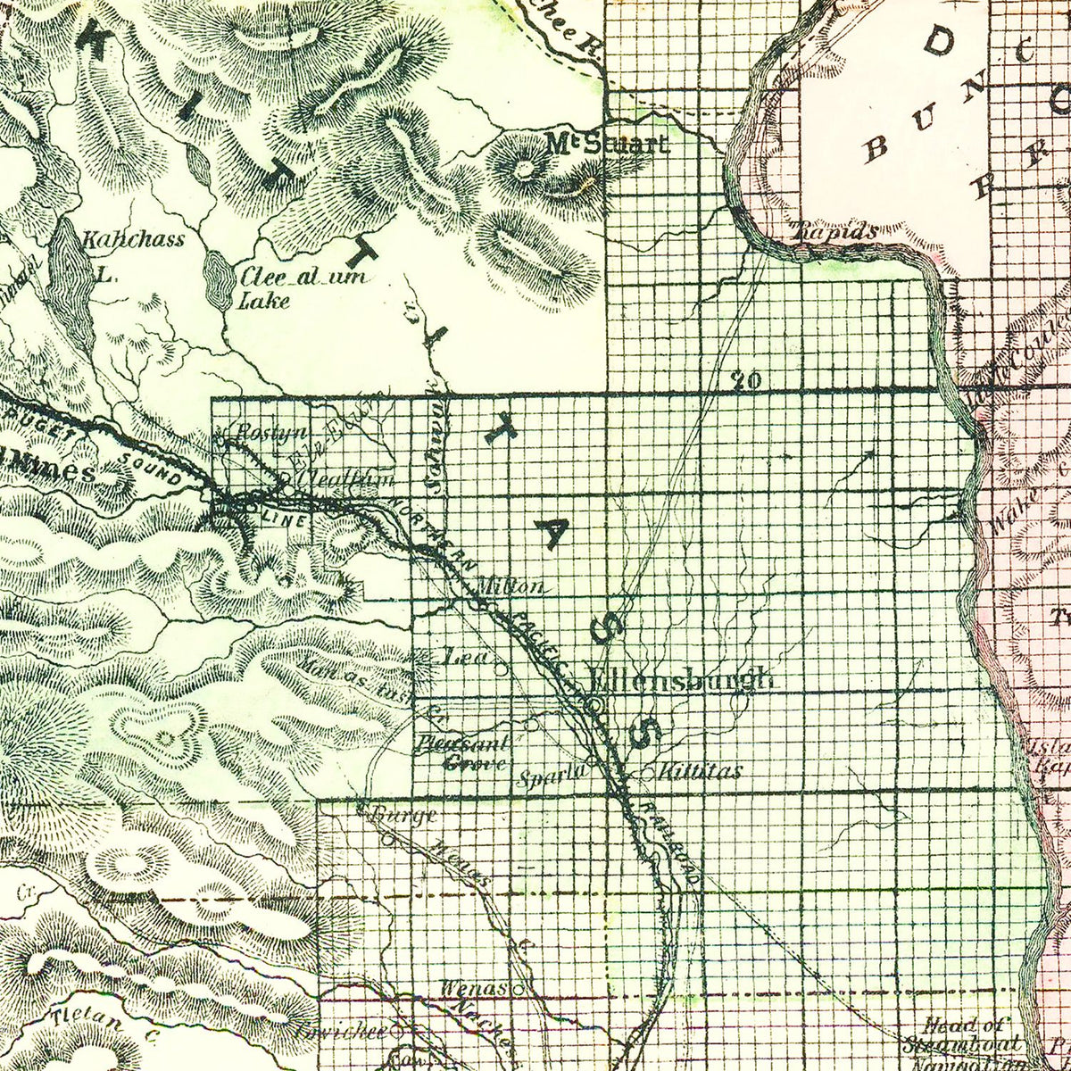 Restored historic details from the 1889 state map of County, Washington