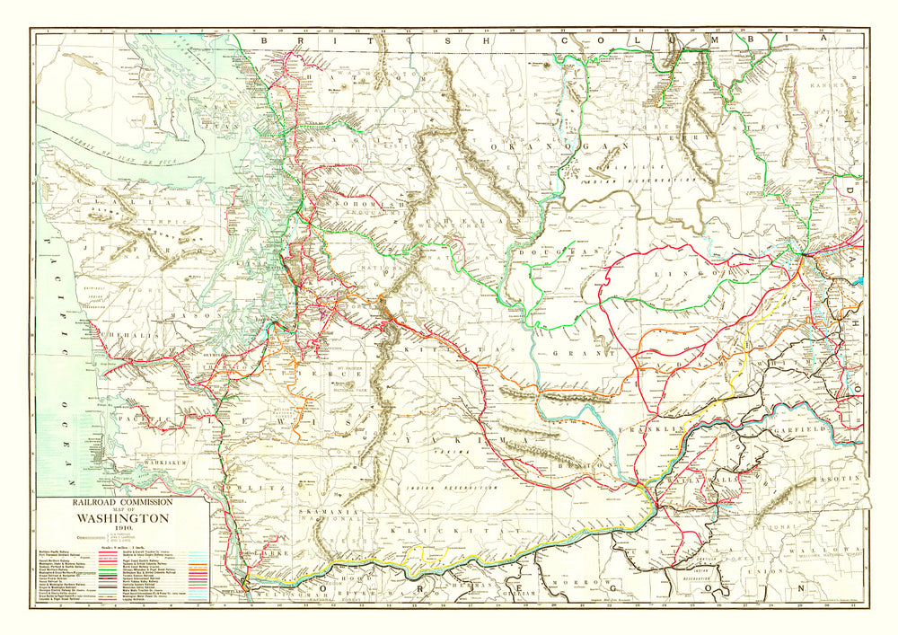 Vintage Railroad Map of Washington 1910 print style example