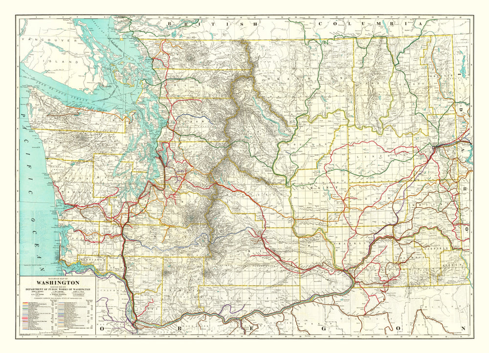 Vintage Railroad Map of Washington 1928 print style example