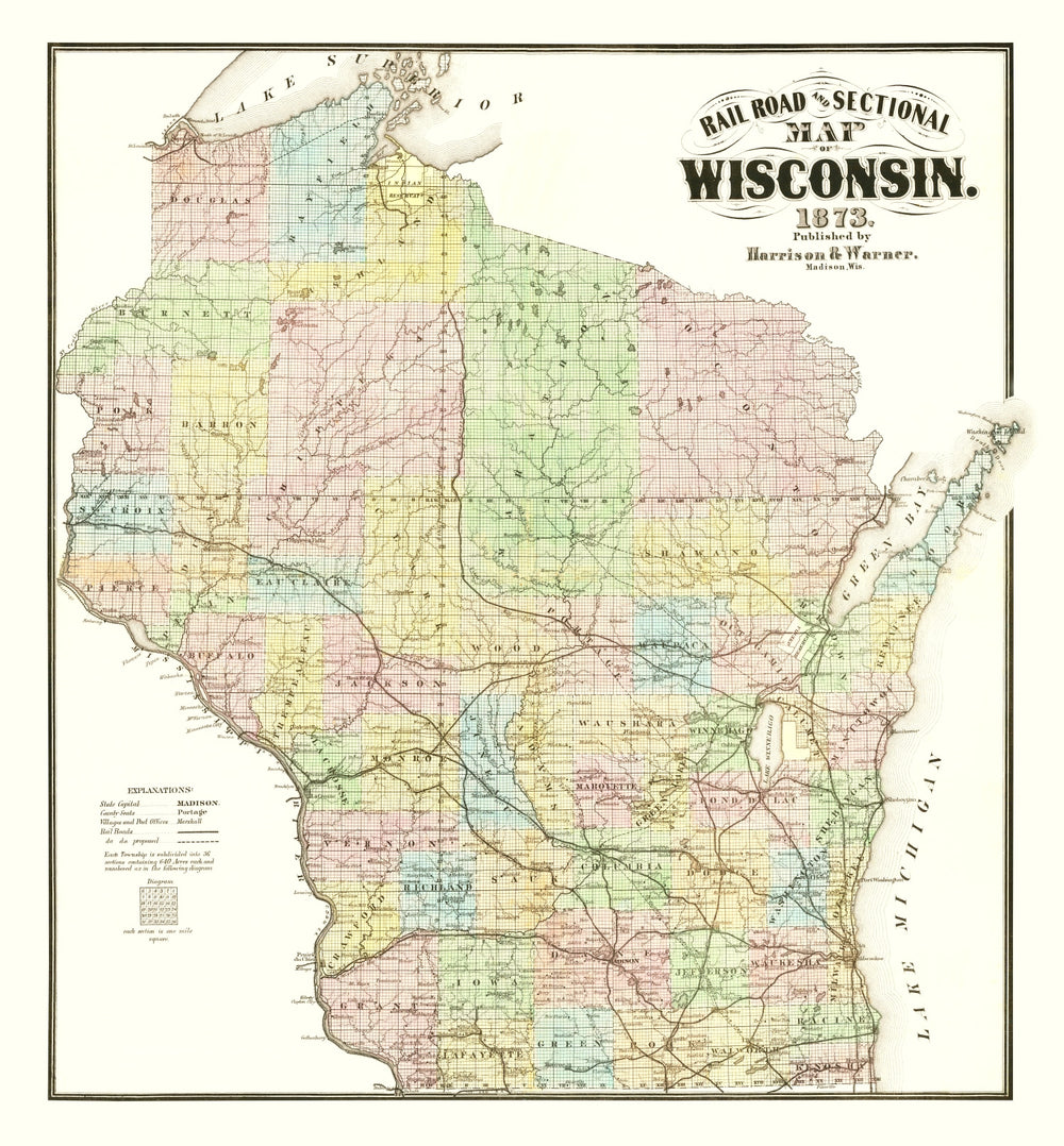 Vintage Railroad Map of Wisconsin 1873 print style example
