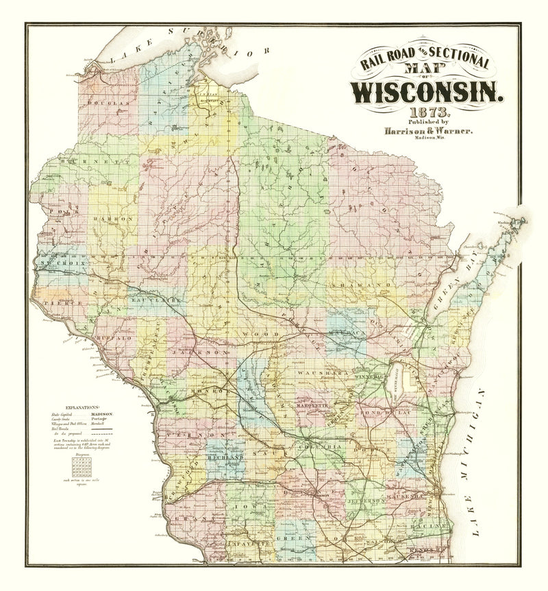 Size comparison using Vintage Railroad Map of Wisconsin 1873