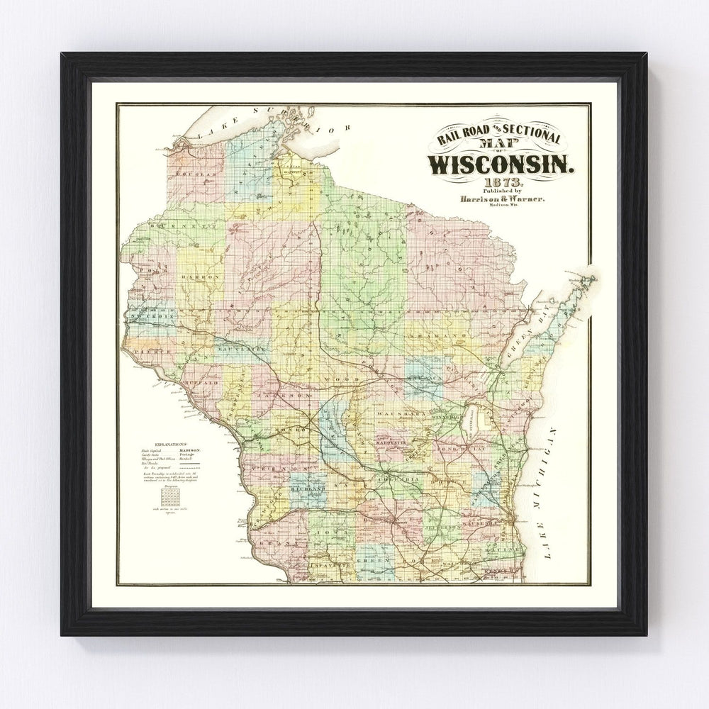 Wisconsin Vintage Map 1873