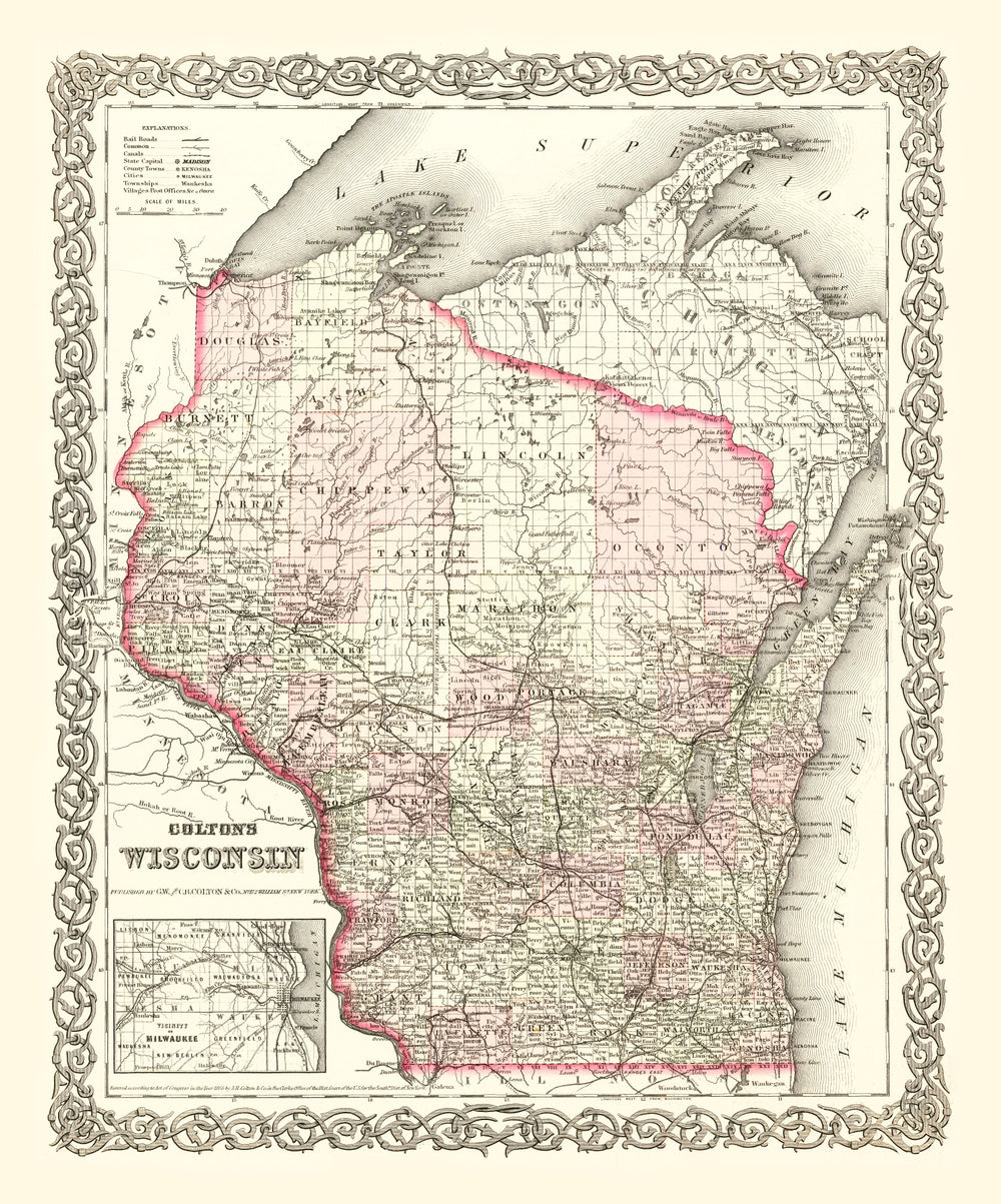 Vintage Map of Wisconsin 1878 print style example