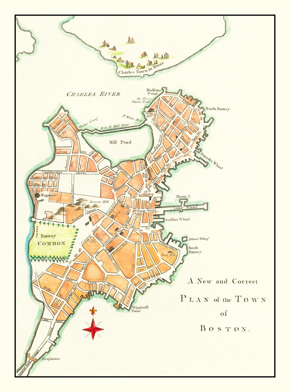Vintage Map of Boston, Massachusetts 1775 print style example