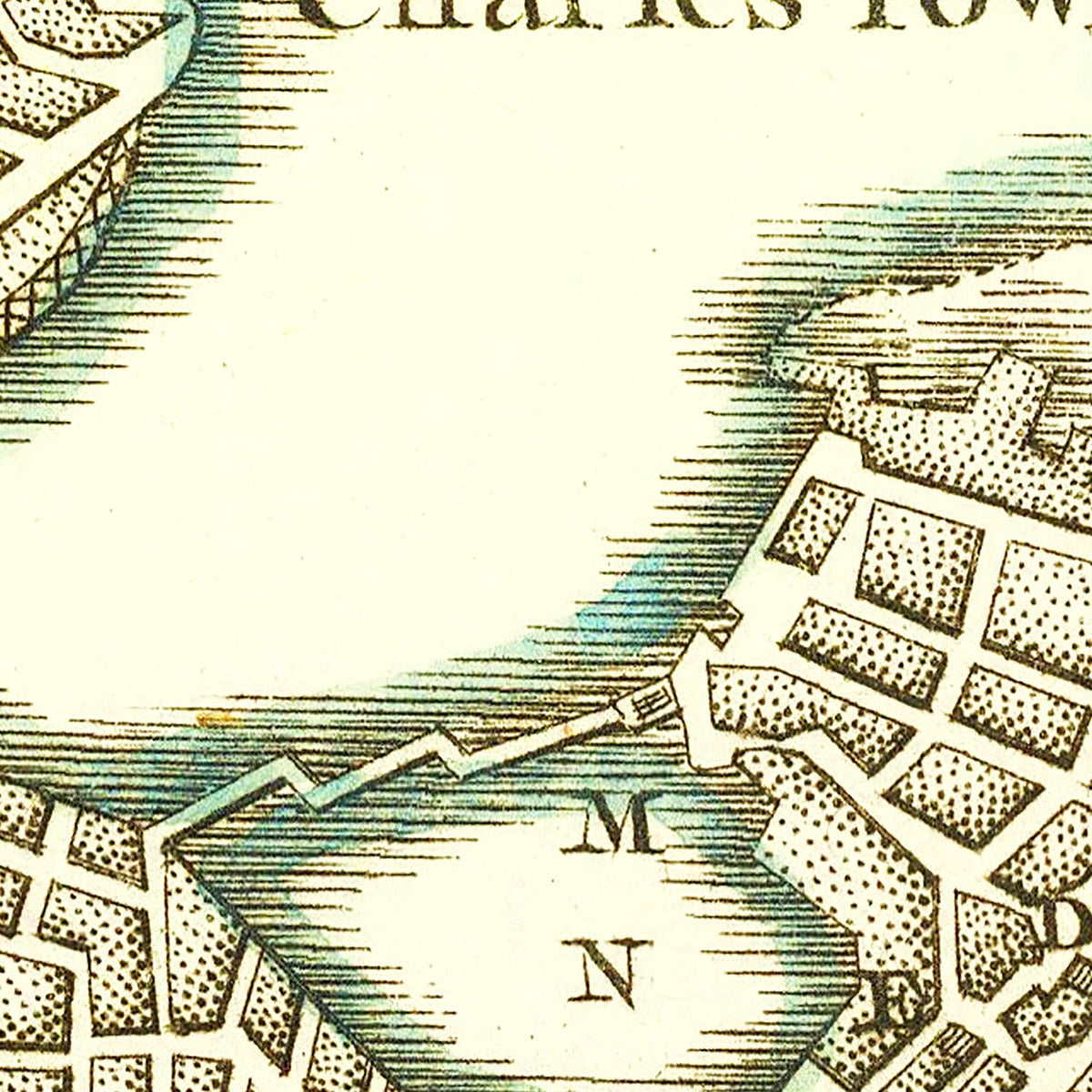 Restored historic details from the 1764 city map of Boston, Massachusetts