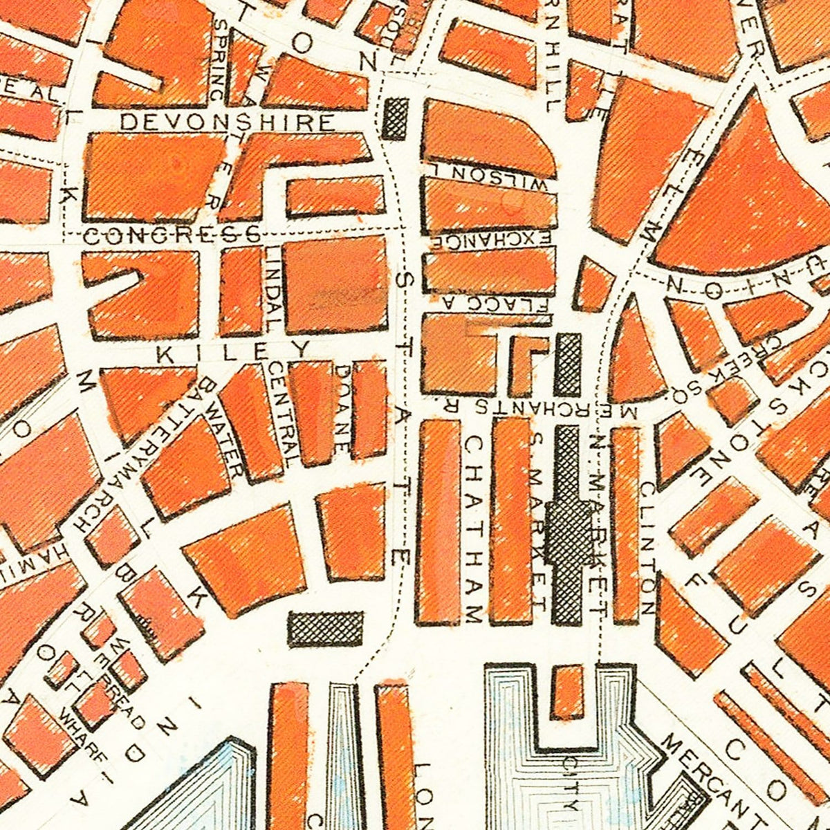 Restored historic details from the 1851 city map of Boston, Massachusetts
