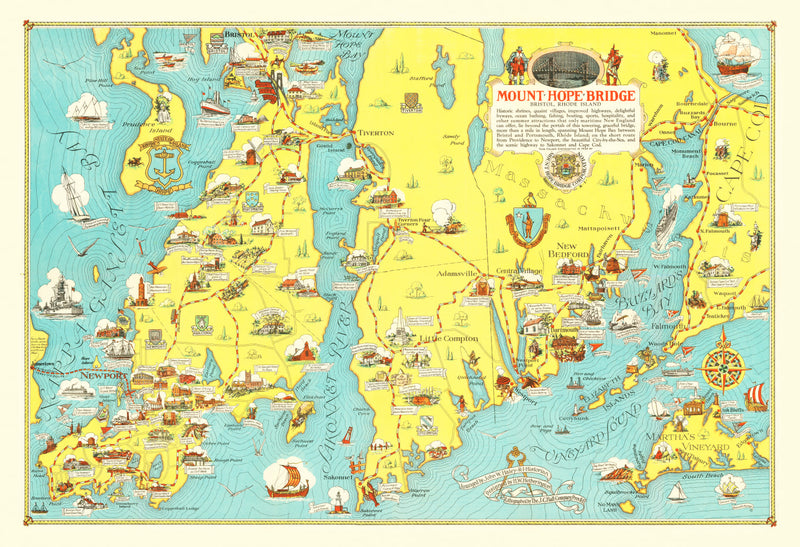 Size comparison using Vintage Pictorial Map of Mount Hope Bridge, RI 1933
