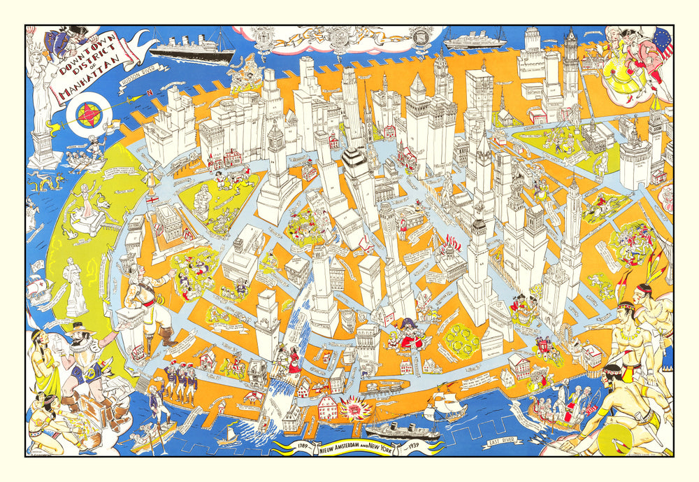 Vintage Pictorial Map of Downtown Manhattan, NY 1938 print style example