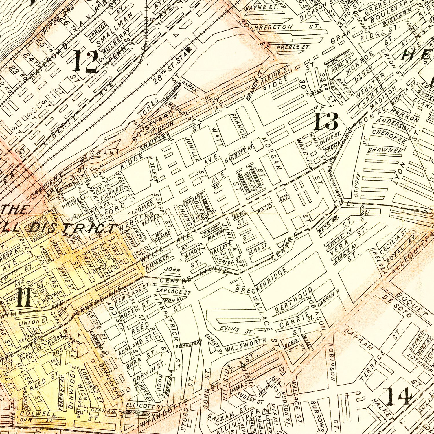 Restored historic details from the 1898 city map of Pittsburgh, Pennsylvania