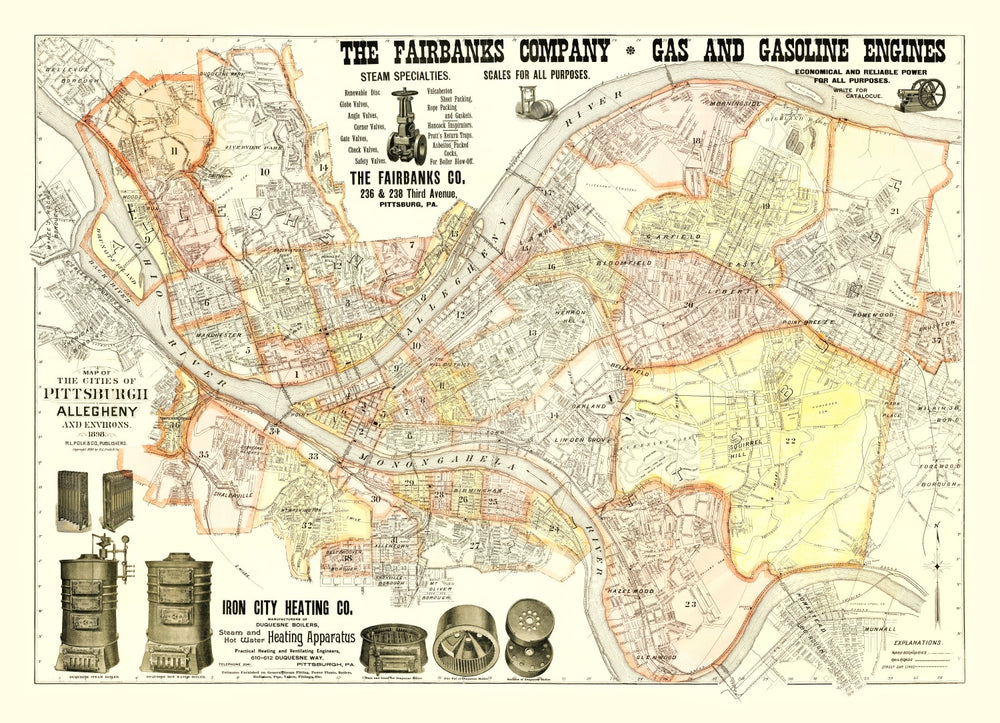 Vintage Map of Pittsburgh, Pennsylvania 1898 print style example