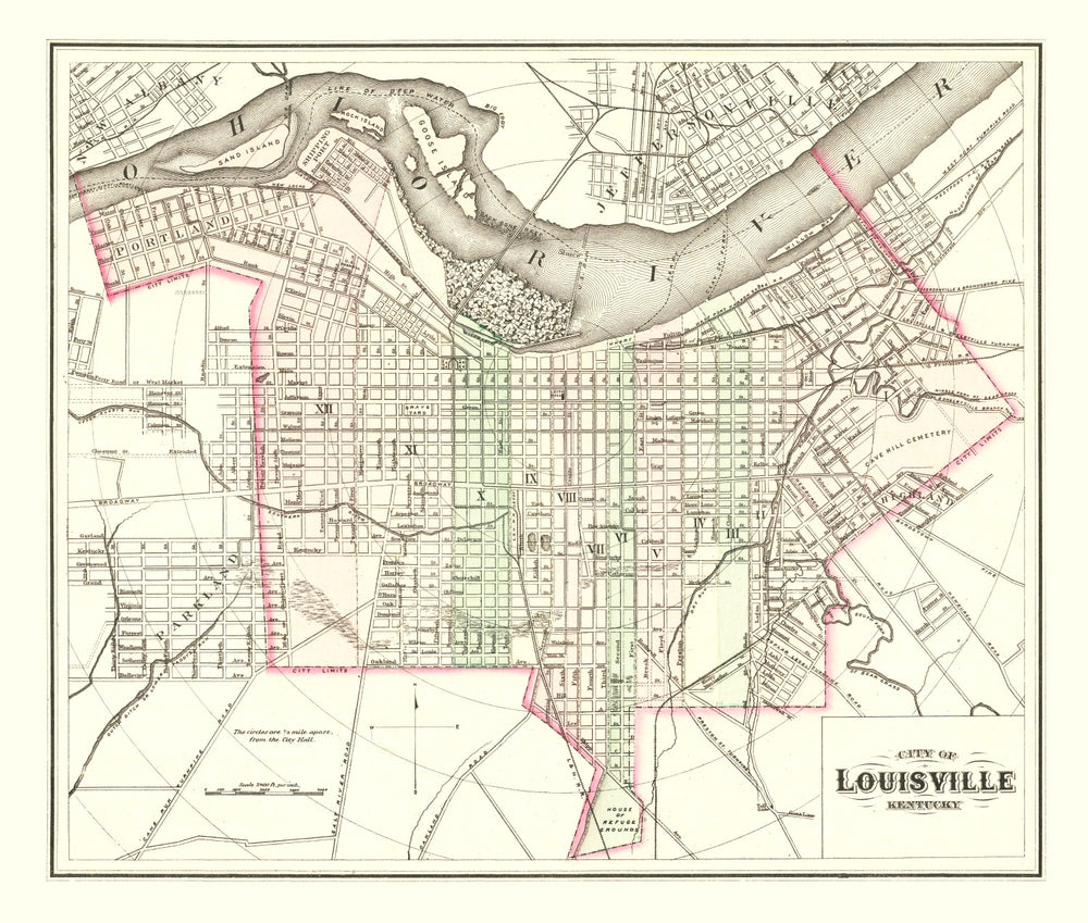 Vintage Map of Louisville, Kentucky 1875 print style example