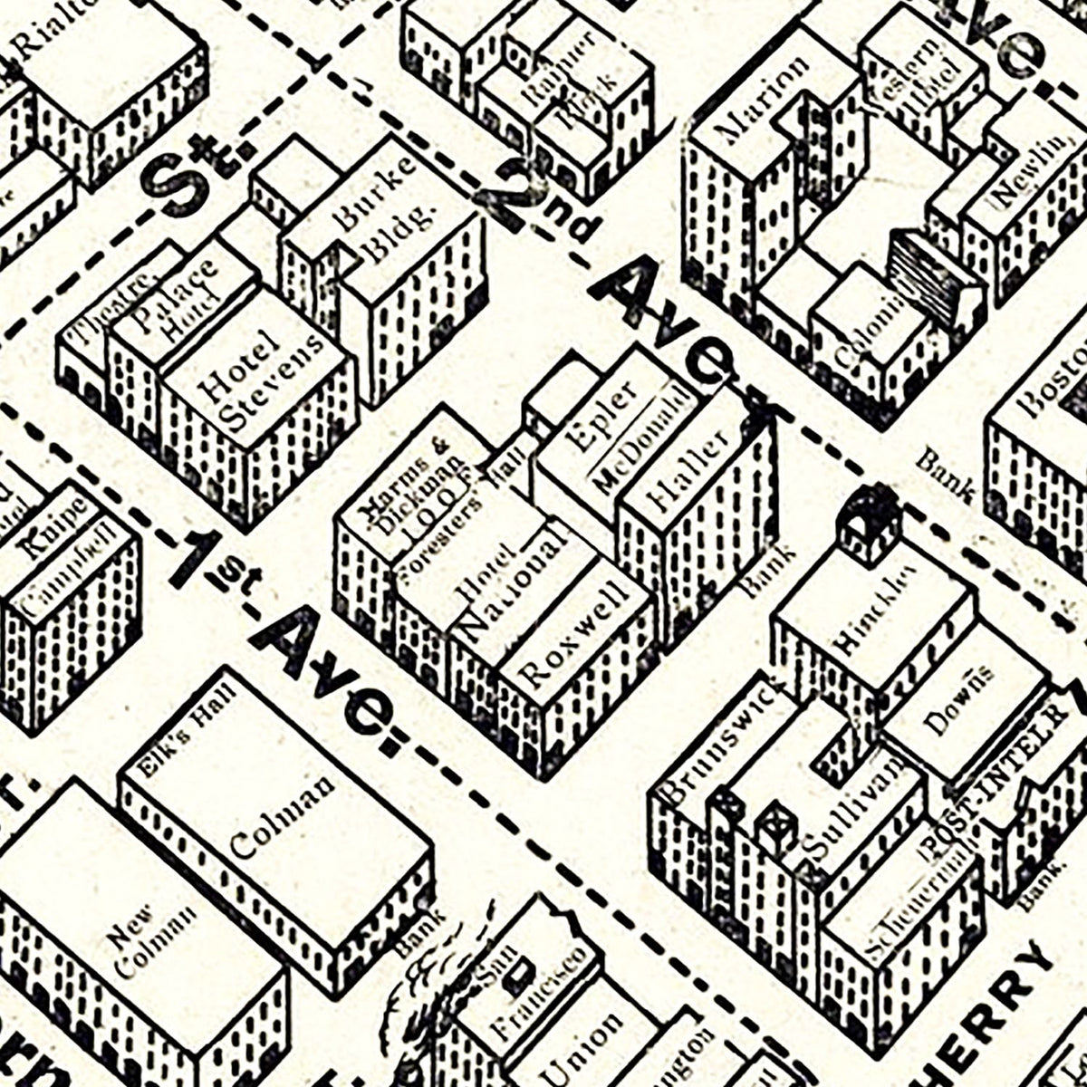 Restored historic details from the 1904 city map of Seattle, Washington
