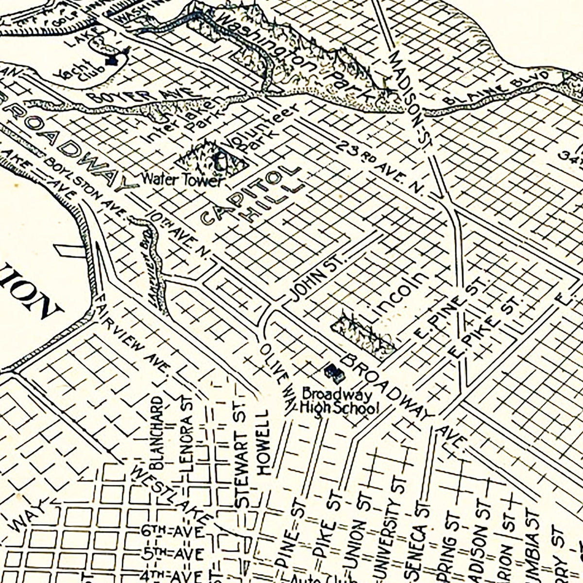 Restored historic details from the 1925 city map of Seattle, Washington