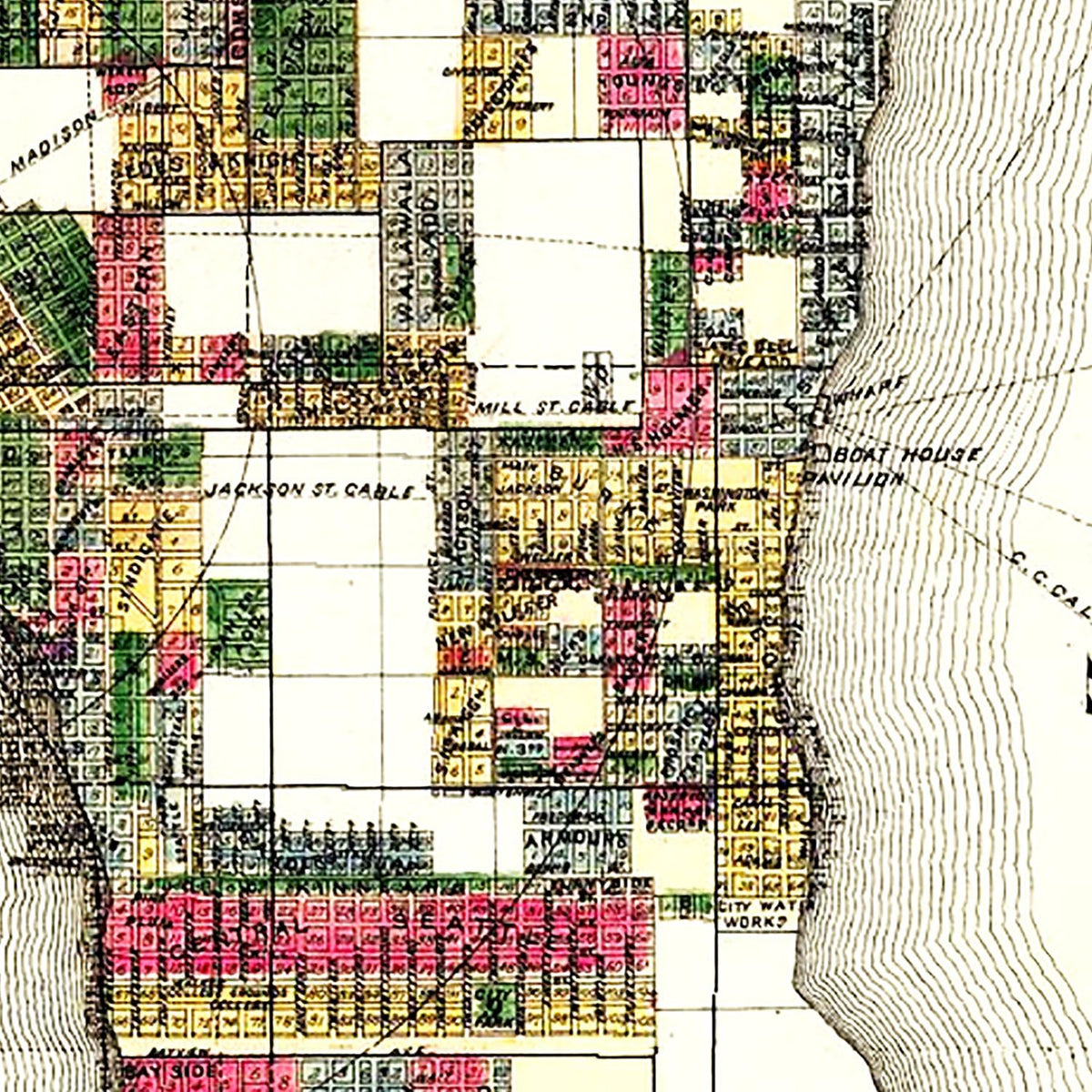 Restored historic details from the 1890 city map of Seattle, Washington