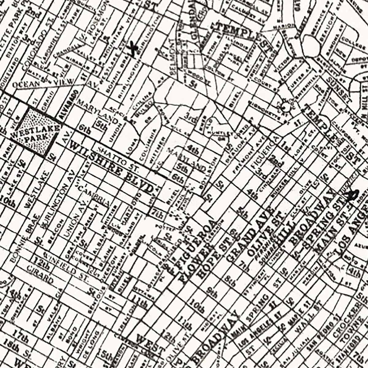 Restored historic details from the 1929 city map of Los Angeles, California