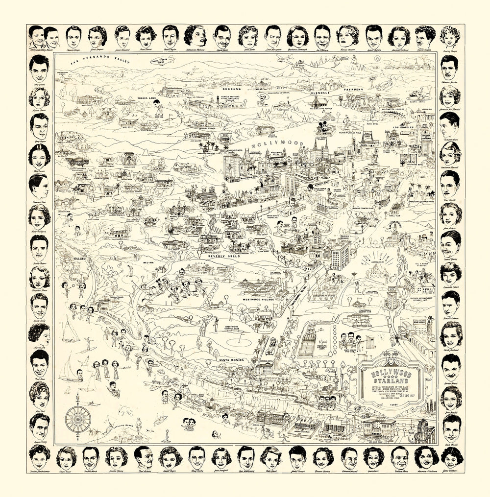 Vintage Los Angeles Movie Star Map 1937 print style example