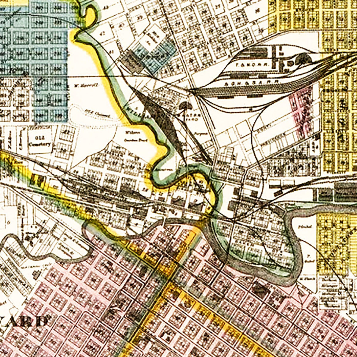 Restored historic details from the 1895 city map of Houston, Texas