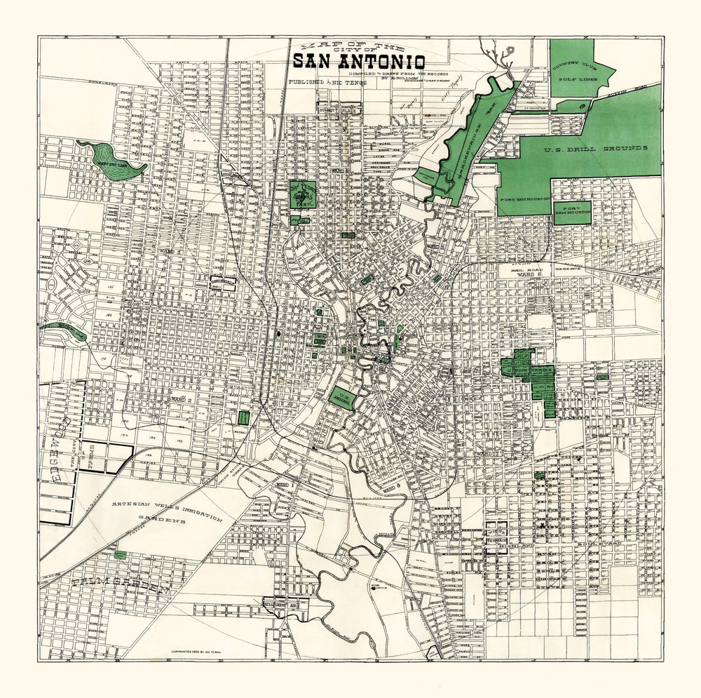 Vintage Map of San Antonio, Texas 1909 print style example