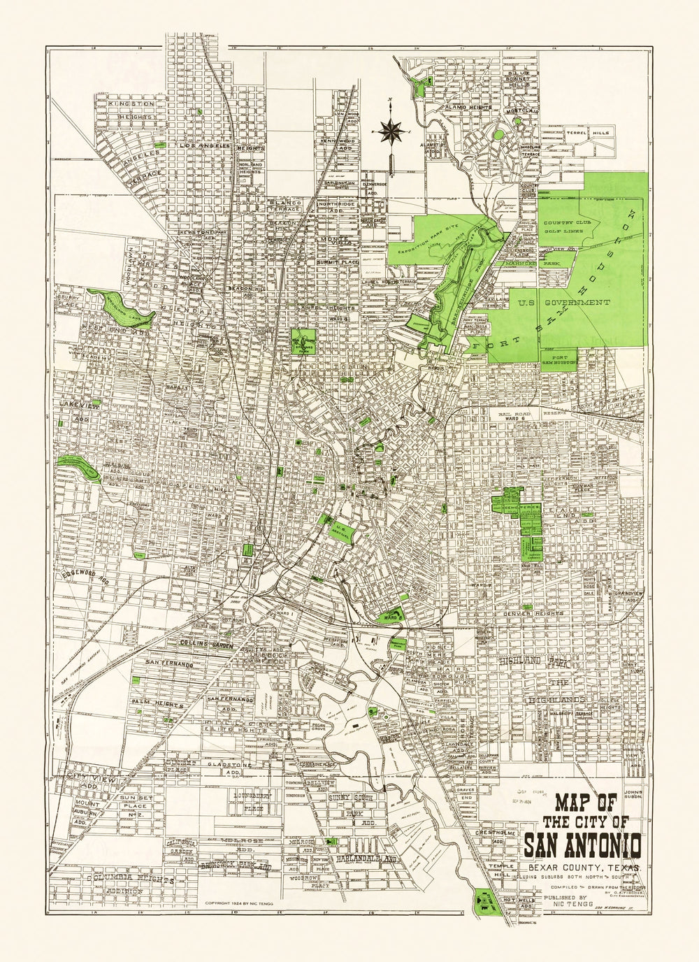 Vintage Map of San Antonio, Texas 1924 print style example