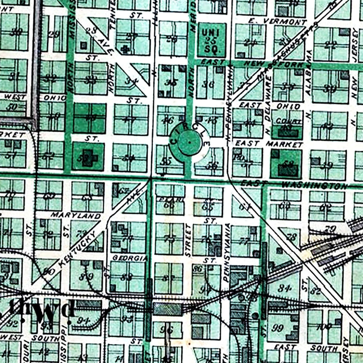 Restored historic details from the 1876 city map of Indianapolis, Indiana
