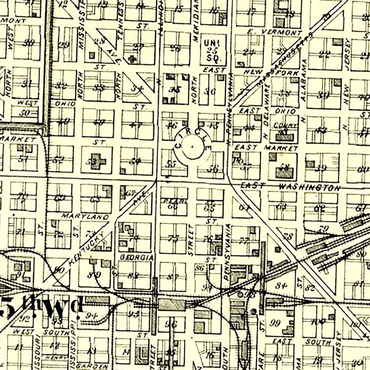 Restored historic details from the 1876 city map of Indianapolis, Indiana