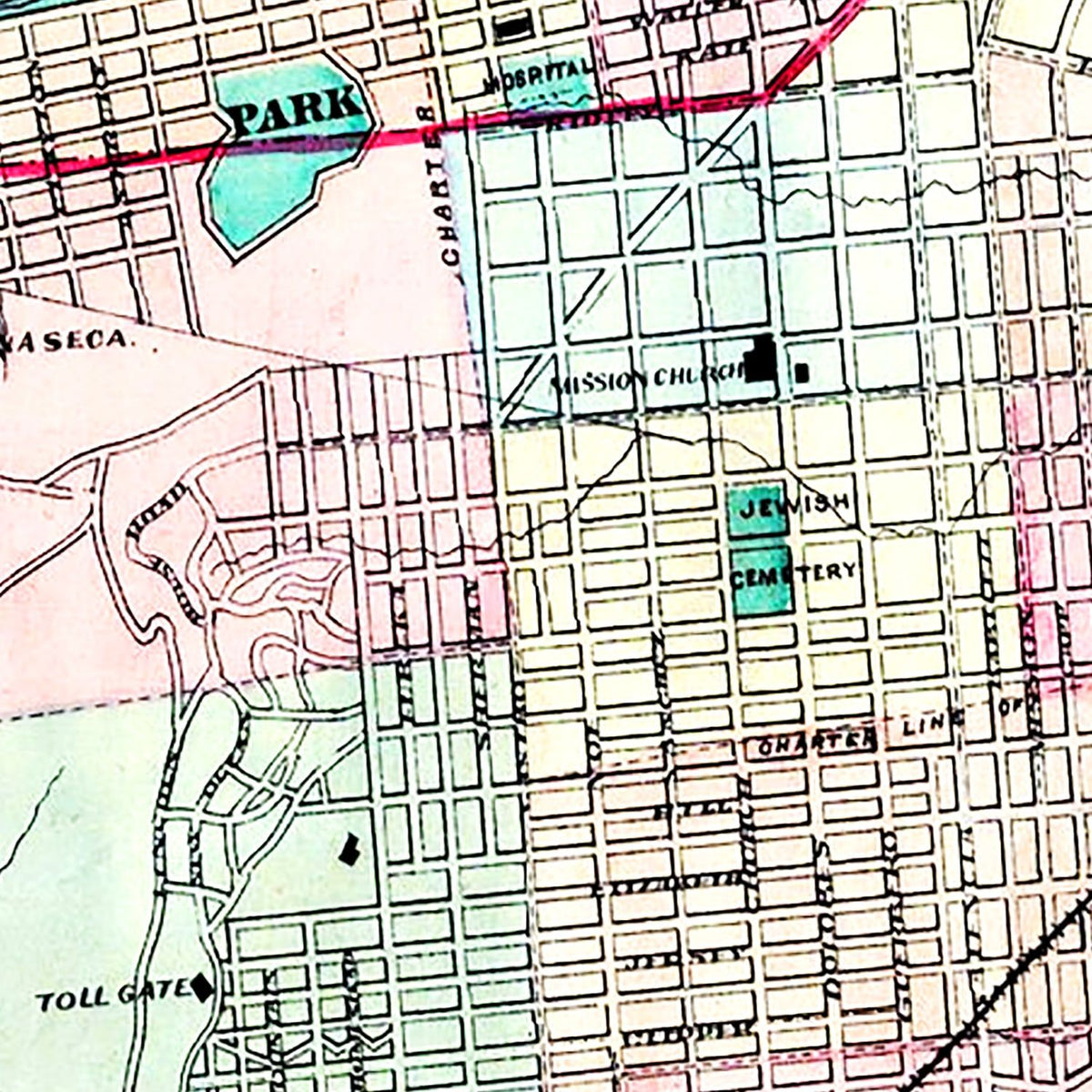 Restored historic details from the 1876 city map of San Francisco, California