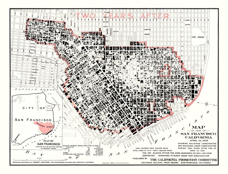 Size comparison using Vintage Map of San Francisco Post 1906 Fire (1908)