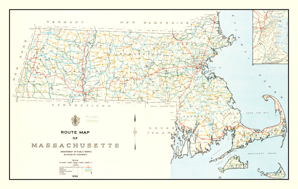 Vintage Map of Massachusetts 1926 print style example