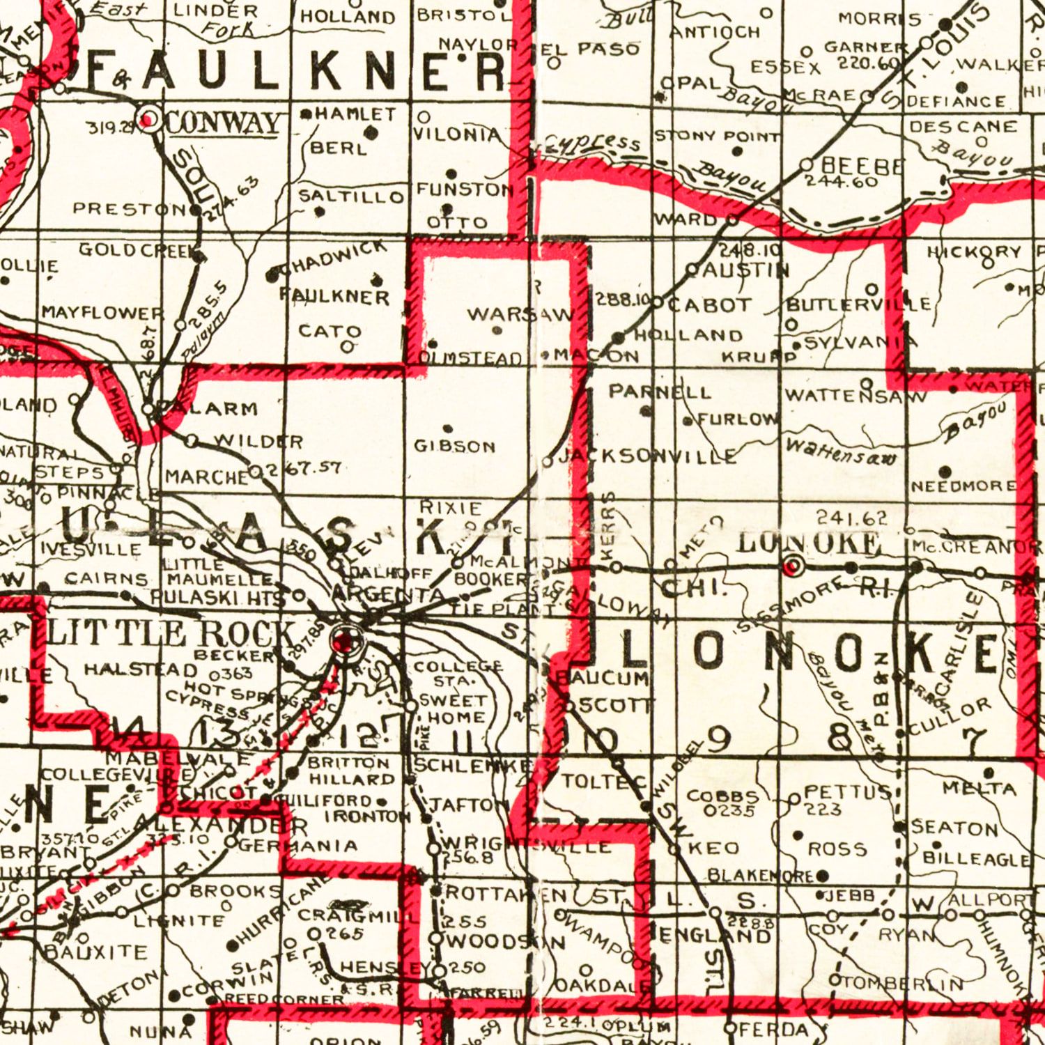 Restored historic details from the 1919 state map of County, Arkansas